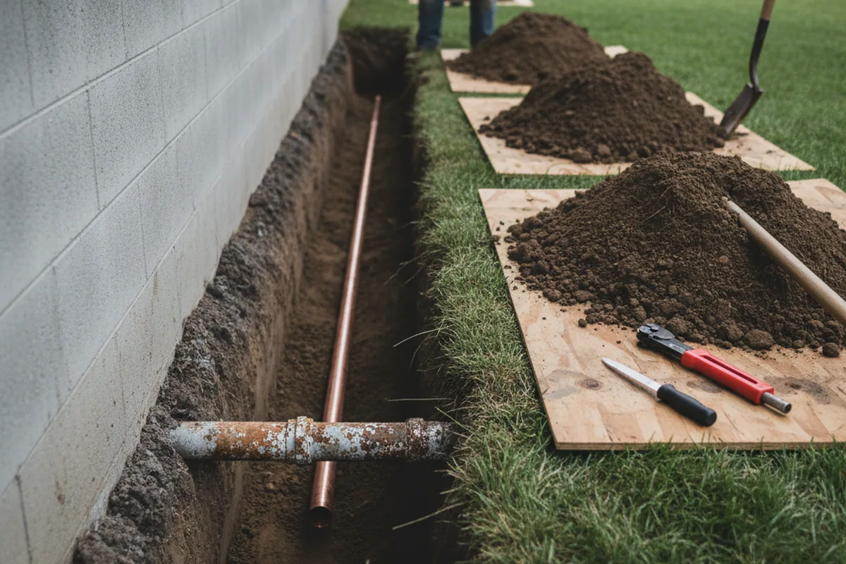 Excavated water line trench during Water Softener Installation in Freetown